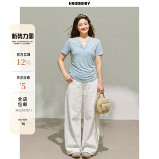 女装 胖mm春套装 实穿主义 T恤阔腿裤 蓝色v领收腰短袖 曾小咸大码