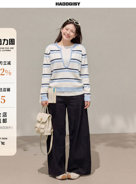 曾小咸大码女装“实穿主义”胖mm蓝色条纹假两件针织套装显瘦春季