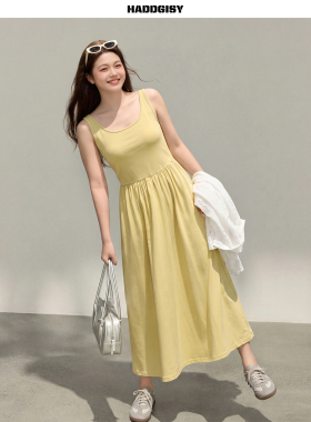 曾小咸大码女装[3/30~4/2 一件8.8折满2件8折]黄色方领背心连衣裙