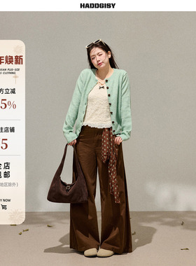 曾小咸大码女装 微胖mm绿色针织毛衣开衫上衣春季棕色阔腿裤套装