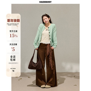 女装 套装 微胖mm绿色针织毛衣开衫 棕色阔腿裤 上衣春季 曾小咸大码
