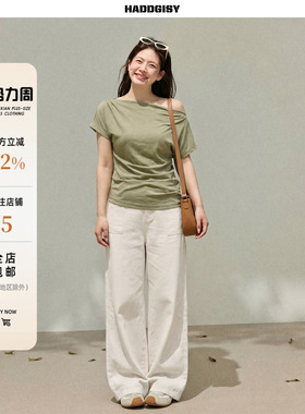 曾小咸大码女装“肩上的海风”绿色斜肩短袖T恤胖mm显瘦春季套装