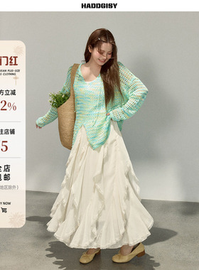 曾小咸大码女装“清新甜妹”韩系绿色镂空针织罩衫裙子套装胖mm春