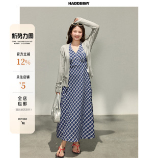 春套装 曾小咸大码 收腰格纹挂脖连衣裙开衫 傲慢与偏见 胖mm 女装