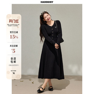 曾小咸大码女装 韩系微胖妹妹mm针织长袖连衣裙春秋季收腰长裙子