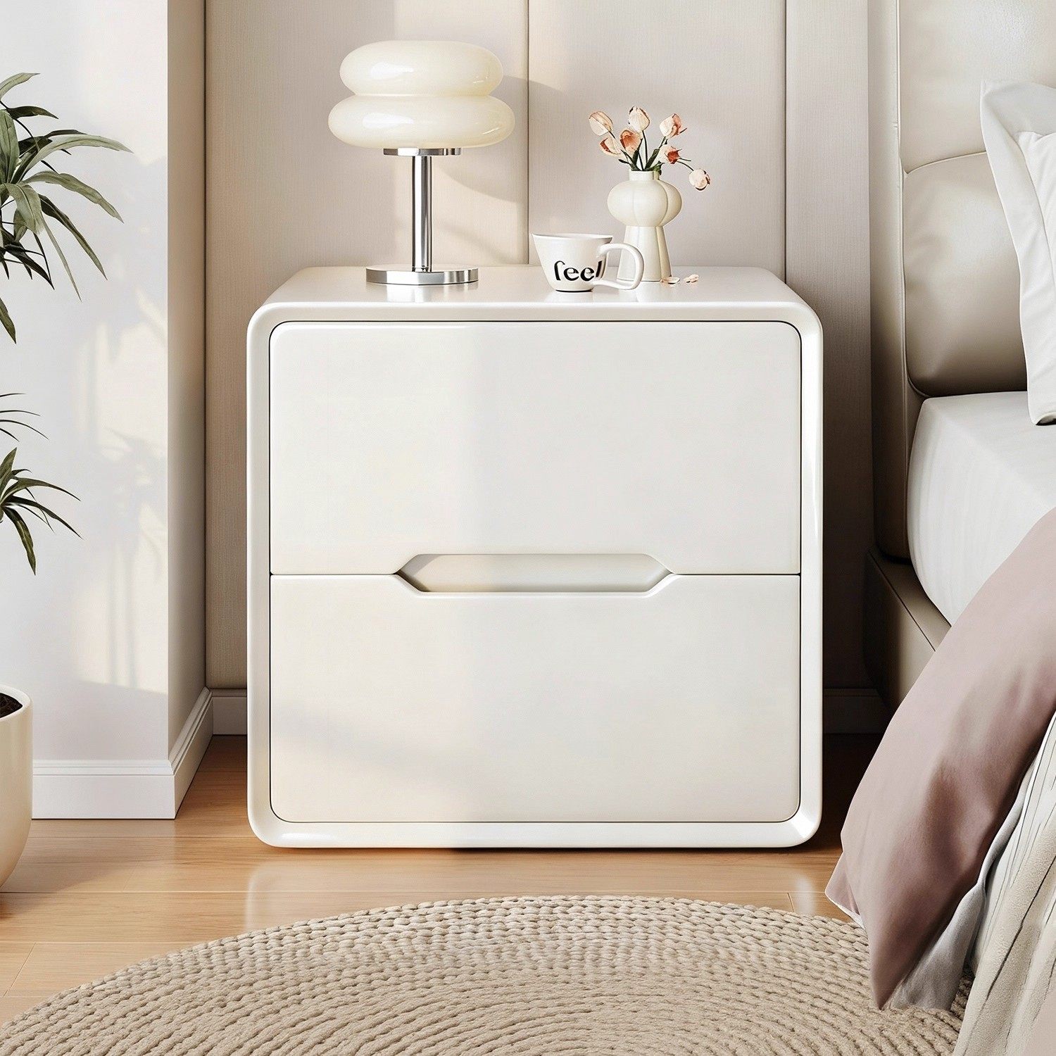 免安装整装全实木床头柜烤漆双抽屉50cm小型奶油风轻奢矮床边柜子