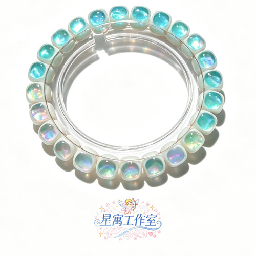 【蓝星环】白玉菩提镶嵌渐变蓝彩贝9*8老型桶佛珠手串送生日礼物