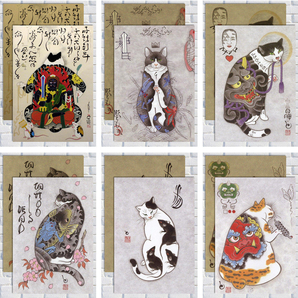 日本武士猫刺青猫海报 个性创意复古纹身店装饰挂画贴挂壁画图片