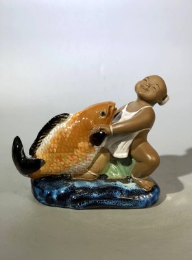 石湾公仔招财摆件童趣人壮鱼肥