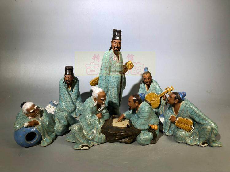 陶瓷工艺品石湾公仔家居装饰品礼品客厅书房招财摆件人物竹林七贤