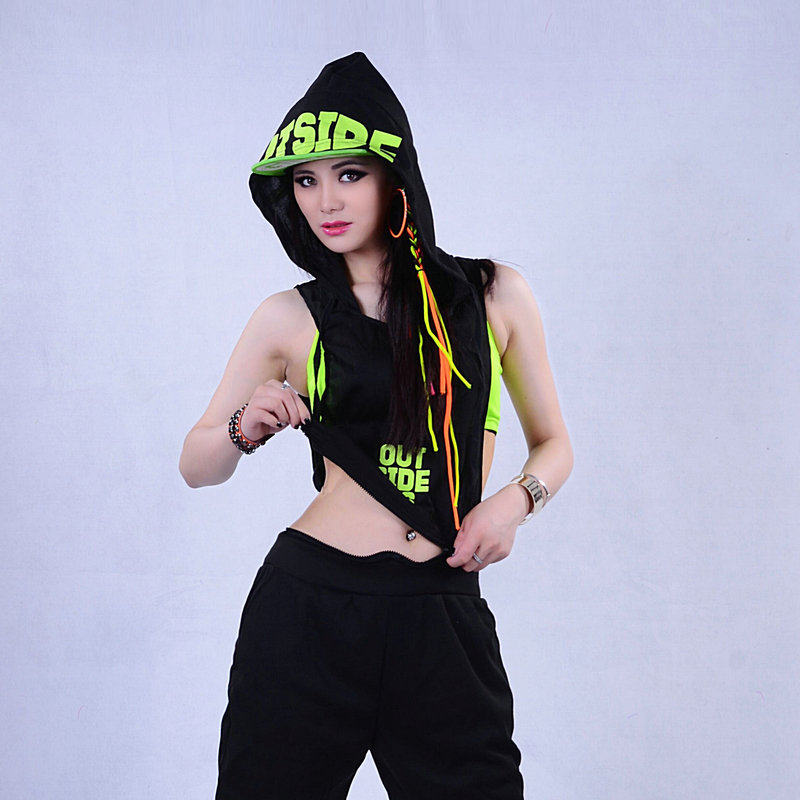 韩版宽松束脚休闲运动套装女夏连体裤裸背嘻哈爵士跳舞衣服装黑色