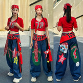 涂鸦宽松嘻哈街舞潮牌牛仔裤 子kpop舞蹈女团演出服装 爵士跳舞穿搭