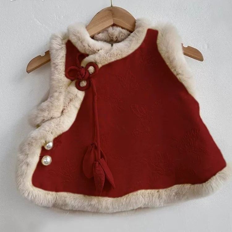 女童红色棉马甲2025秋冬季新款国风旗袍女宝宝背心中式儿童上衣