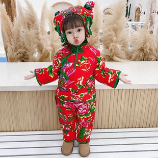 加厚棉袄拜年服小女孩棉衣套装 东北大花袄儿童棉服套装 冬季