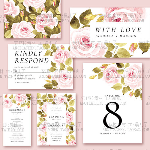 水彩粉色玫瑰花卉婚礼卡片psd邀请卡源文件设计素材