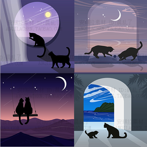 治愈系卡通星空猫咪风景插画装饰画画芯矢量EPS设计素材