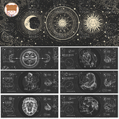 神秘宇宙十二星座太阳月亮图案插画卡牌装 饰底纹ai矢量设计素材