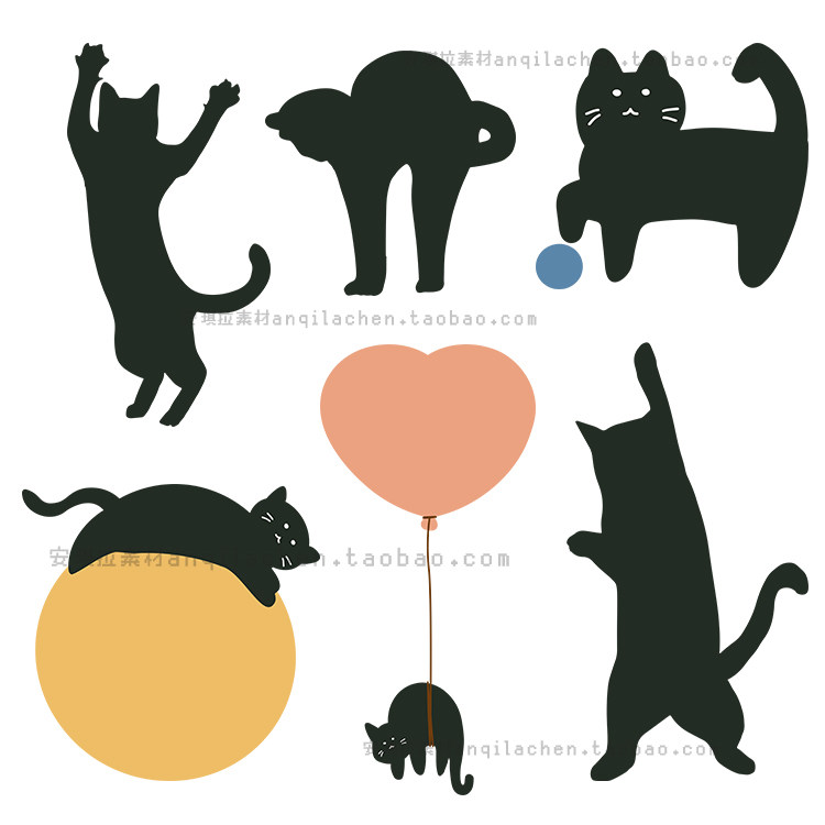 可爱黑色猫咪各种姿态动作黑白剪影插画矢量 png设计素材