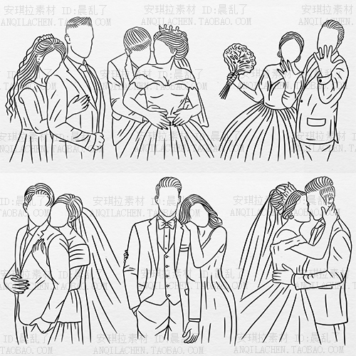 简约线描婚礼新娘新郎情侣插画矢量AI+png设计素材