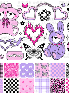 潮流2000S千禧Y2K风卡通熊抽象线描大卫元素紫粉背景矢量EPS素材