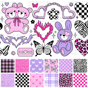 素紫粉背景矢量EPS素材 潮流2000S千禧Y2K风卡通熊抽象线描大卫元