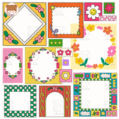 美式童趣高饱和度鲜艳颜色花朵边框几何色块背景矢量AI+png素材