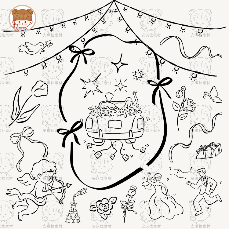 手绘线描婚礼涂鸦插画合集边框人物丘比特海报装饰矢量png素材