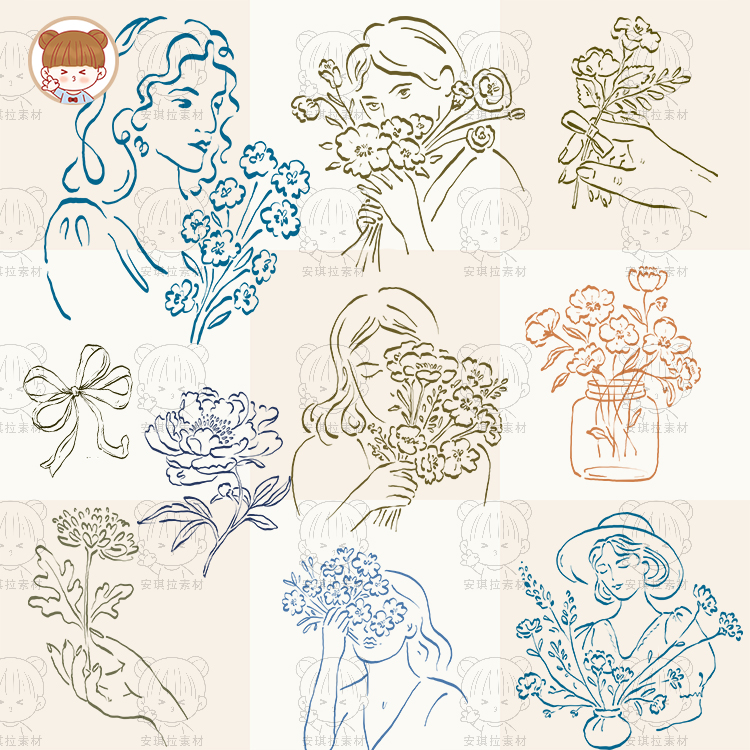复古文艺风花卉花瓶简约线描女性插画海报卡片装饰矢量png素材图片