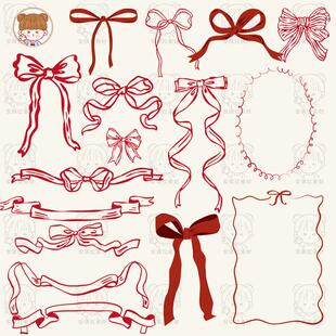 200枚红色手绘线描蝴蝶结丝带边框卡片海报装 png素材 饰矢量AI