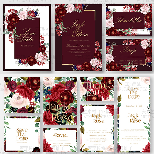 复古Vintage酒红色花卉金色字母数字婚礼请柬背景海报矢量AI素材