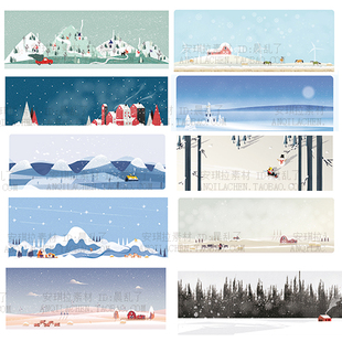 唯美冬季冬天冰天雪地雪景意境插画装饰画画芯矢量eps格式素材