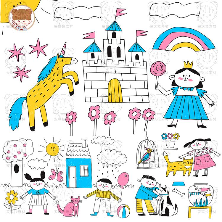 手绘线描卡通可爱幼儿园城堡宇航员插画海报装饰元素png矢量素材图片
