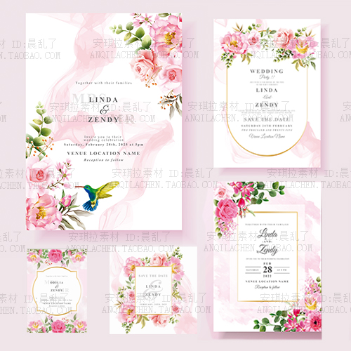 清新少女粉粉红色飘逸丝带花卉婚礼卡片海报矢量eps素材