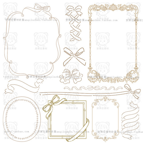 复古Vintage欧式线描洛可可边框蝴蝶结卡片海报装饰矢量png素材
