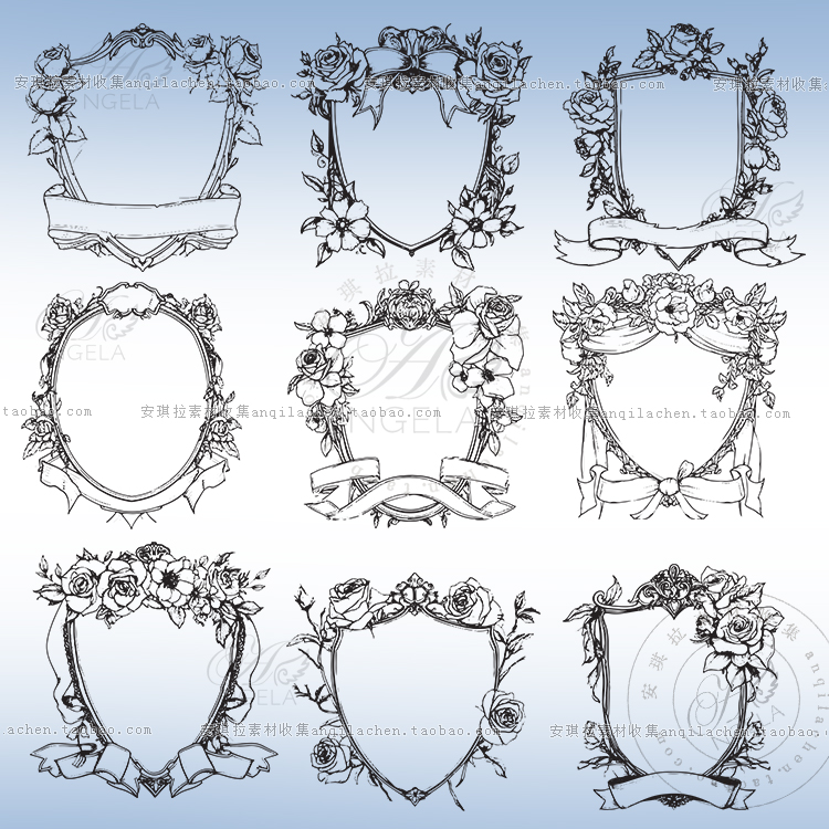 复古Vintage线描手绘洛可可欧式花纹婚礼logo边框矢量png设计素材