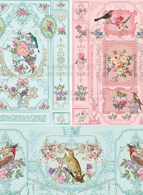 蓝色复古花纹欧式花纹花鸟鲜花古典皇室墙纸背景墙AI矢量设计素材