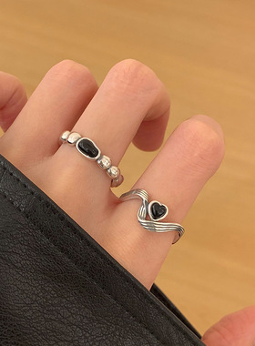 {两件包邮}黑色爱心锆石戒指女简约几何波浪S925镀银开口指环ins