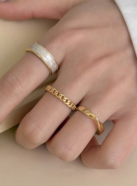 复古宫廷风叠戴百搭戒指女几何镂空链条轻奢S925镀银开口食指环潮