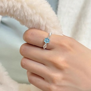 小清新滴釉小花戒指女仿珍珠银色弹力串珠S925镀银指环ins风食指