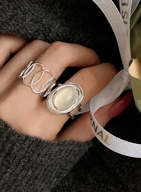 几何圆圈镂空戒指女时尚个性椭圆叠戴锆石S925银开口指环食指戒潮