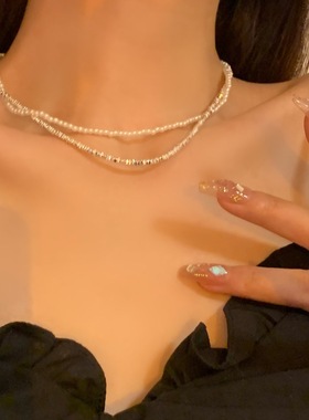 波光粼粼双层珍珠项链女不规则几何碎银S925银锁骨链气质颈链手链