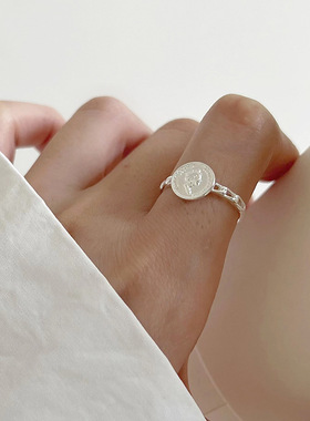 简约圆牌人像戒指女小巧精致链条细圈开口指环小清新百搭食指戒潮