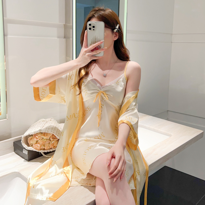 睡衣女士夏天冰丝绸蕾丝2025年新款夏季性感诱惑吊带睡裙睡袍套装
