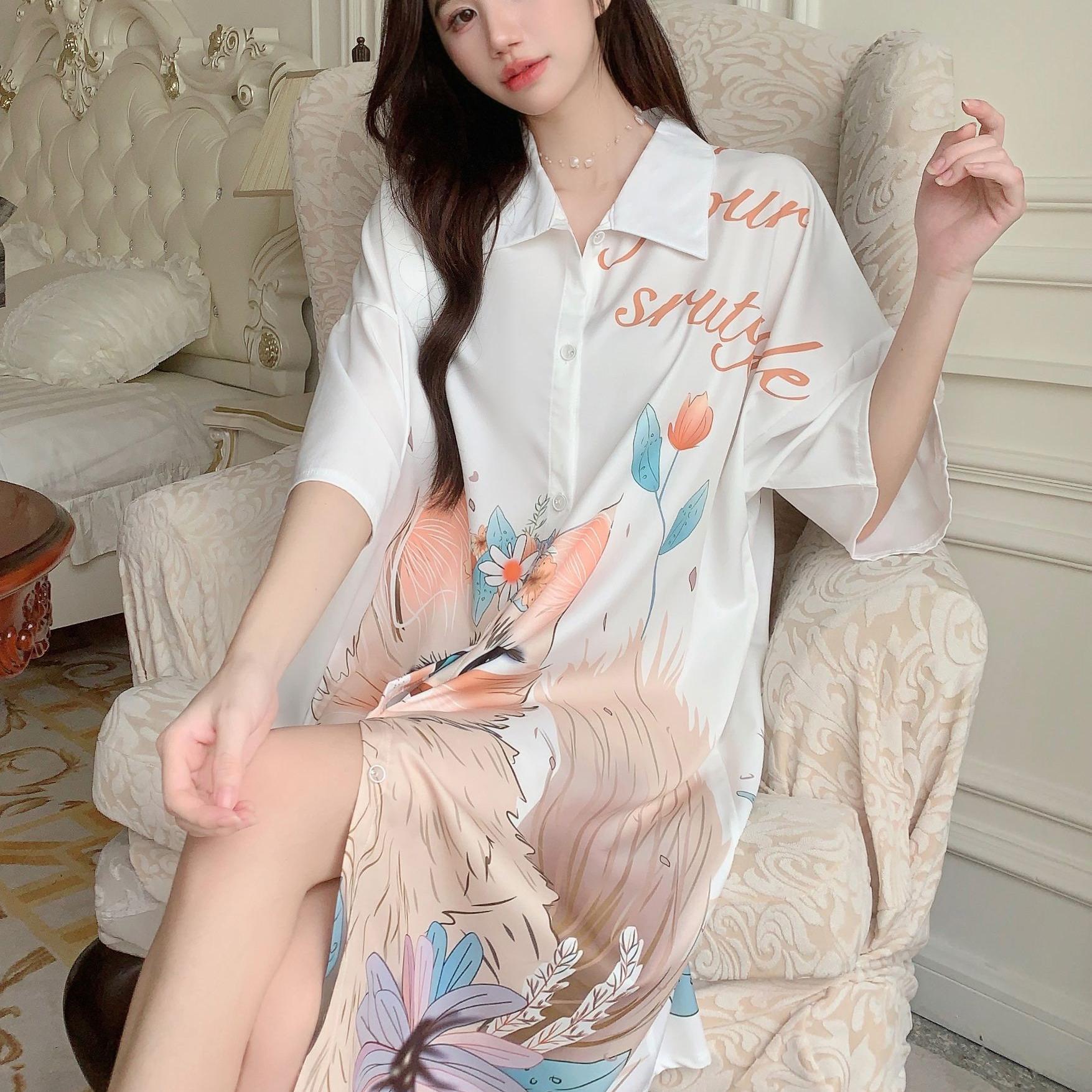 夏季短袖冰丝绸衬衫睡裙网红性感睡衣女款2025新款夏天薄款高级感