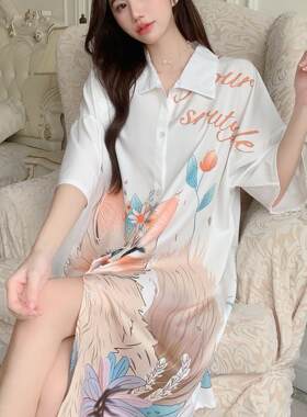 夏季短袖冰丝绸衬衫睡裙网红性感睡衣女款2026新款夏天薄款高级感