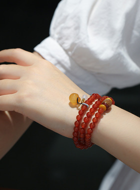 三圈红玛瑙心经桶珠吊苹果手链女