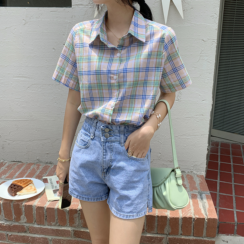 Real shot 2021 summer new Plaid Shirt retro loose net red shirt Korean top real price