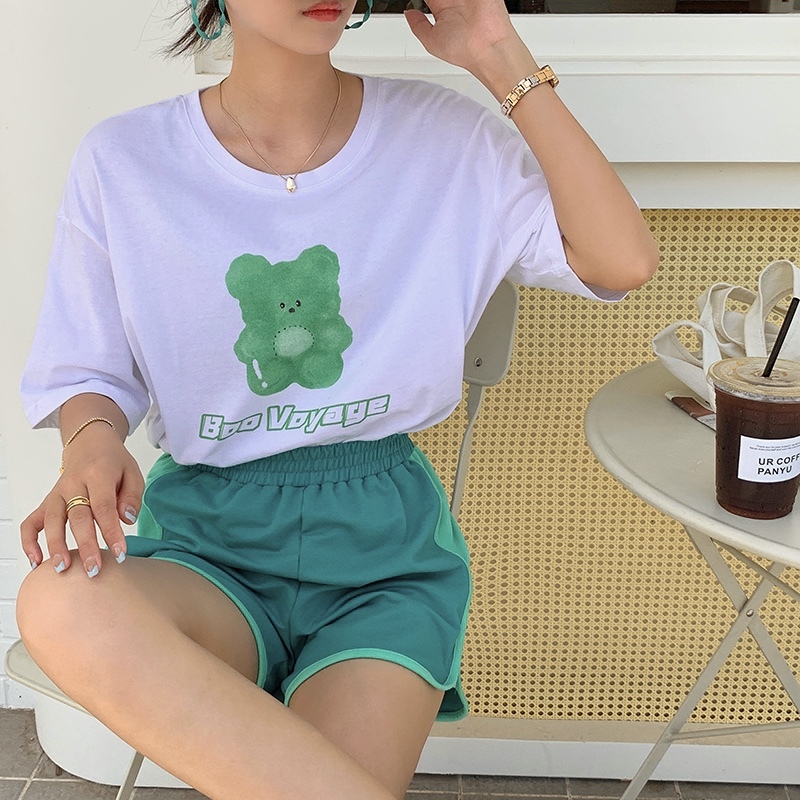 Real shot summer Korean new loose and versatile bear print round neck Top Casual Short Sleeve T-Shirt real price