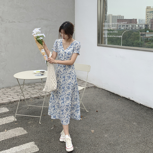 Real shot spring and summer Korean new thin medium and long floral dress with lining price