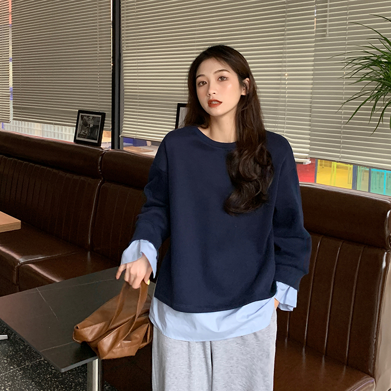 Real shot winter Korean new loose shirt fake two piece stitched velvet sweater real price